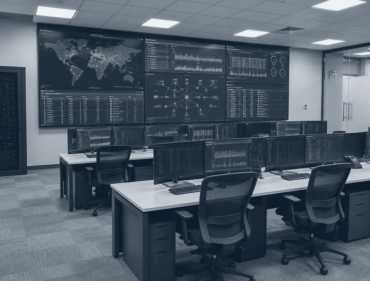 Network operations room with monitoring screens