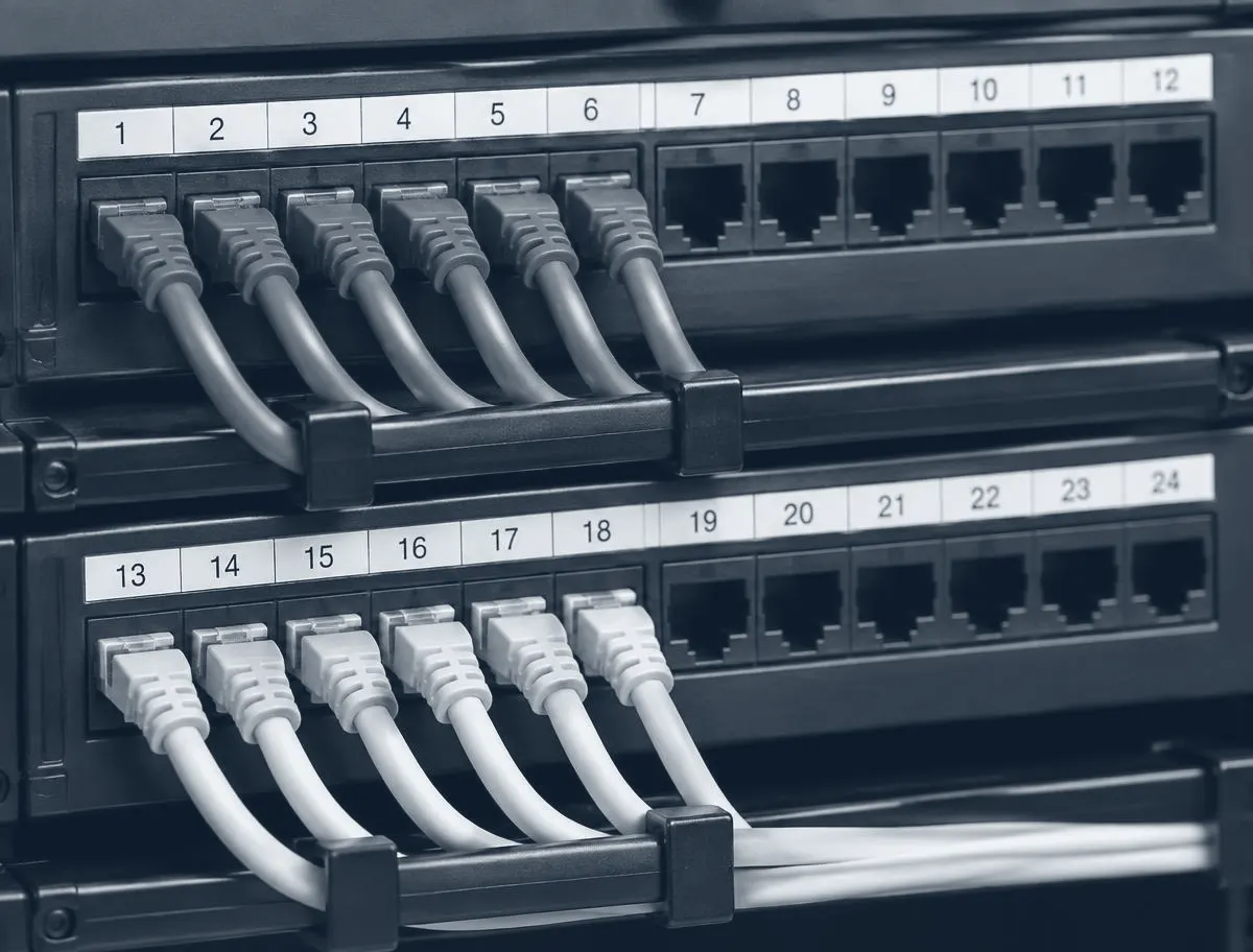 Close-up of a network patch panel