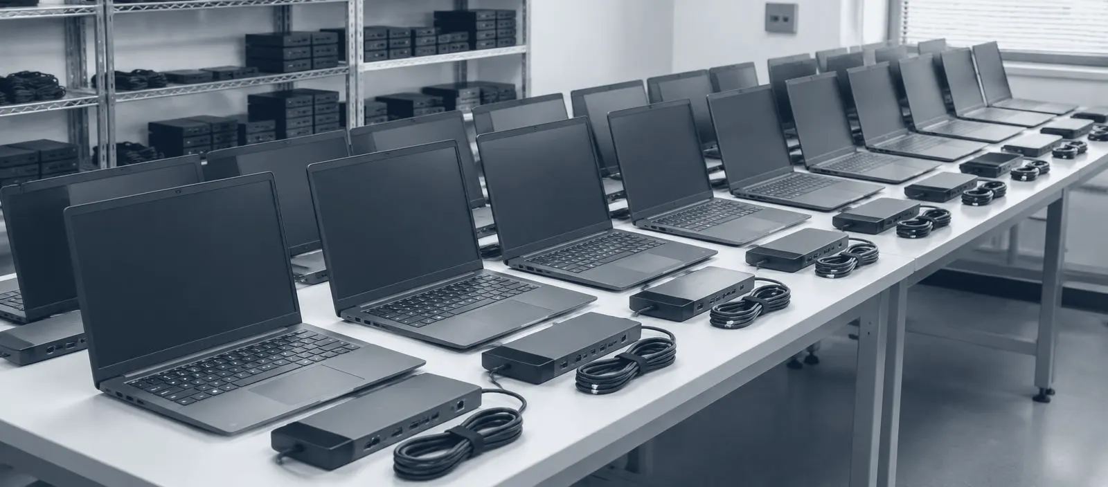 Laptops and docking stations prepared on an IT bench